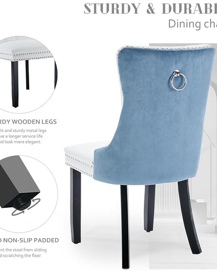 SoarFlash Leather Dining Chairs Set of 8, Tall Back Side Chair, Modern Upholstered Side Chair with Button Back Ring, Solid Wood Legs (White&Blue)