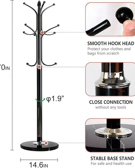 Kertnic Metal Coat Rack Stand with Natural Marble Base, Free Standing Hall Tree with 12 Hooks for Hanging Scarf, Bag, Jacket, Home Entry-way Hat Hanger Organizer (Black)