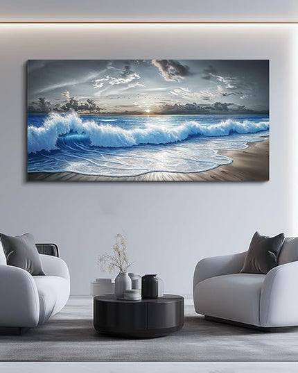 PHAOHUAXM Wall Decor For Living Room Wall Art For Bedroom Office Restaurant Decoration Black White And Blue Ocean Wave Landscape Painting Canvas Pictures Printing Artworks Modern Home Decor 20"X40"