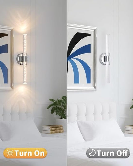 Silver Wall Light LED Battery Operated Wall Sconces(2 Pack), 20-Inch Dimmable Crystal Wall Sconce, Rechargeable Chrome Bubble Wall Lights, Wireless Wall Lamp for Bedroom, Living Room