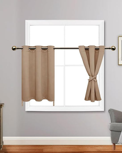 JIUZHEN Short Curtains Kitchen Half Window Blackout Curtains with Tiebacks for Baseroom Shadows, Grommet Curtains for Living Room, Set of 2 Window Curtain Panels, 42 x 30 Inch Length，Camel