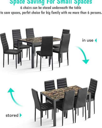 Gizoon Glass Dining Table Sets for 6, 7 Piece Kitchen Table and Chairs Set for 6 Person, PU Leather Modern Dining Room Sets for Home, Kitchen, Living Room