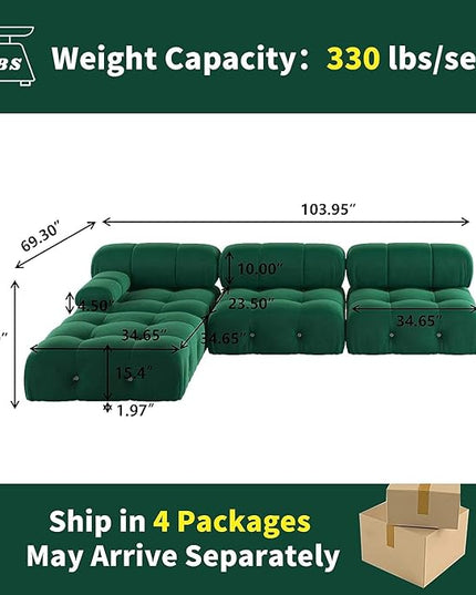 JACH 104" Modular Sofa Sectional Couch, L-Shaped Minimalist Velvet Couches, Mid-Century Comfy Couch with Reversible Chaise Ottoman for Living Room, Apartment (Green)