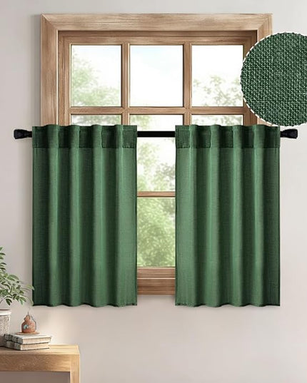 MIULEE Emerald Green Kitchen Curtains 24 Inch Length 2 Panels, Soft Thick Linen Textured Semi Sheer Light Filtering Short Cafe Tier Curtains for Small Half Window Back Tab Rod Pocket Christmas Decor
