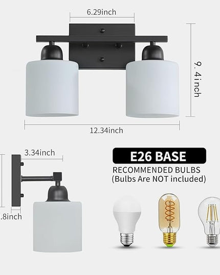 2 Light Black Bathroom Light Fixture, Modern Bathroom Lights with Milky White Frosted Glass Shades for Mirror Living Room Bedroom Hallway E26 Base