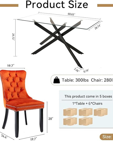 Modern 7-Piece Glass Dining Table Set for 6, Modern 60" Rectangle Black Glass Dining Room Table Set with Orange Velvet Tufted Chairs Wood Legs for Kitchen Dining Room