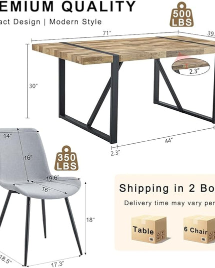 7 Piece Dining Table Set for 6, 71" Wood Kitchen Table Set with 6 Fabric Chairs, Modern Rectangular Dining Room Table and Chairs Set for Home, Kitchen, or Living Room