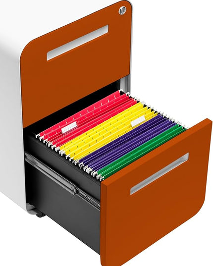 Laura Davidson Furniture Stockpile 2 Drawer Mobile File Cabinet with Lock - Under Desk Metal Filing Cabinet, Legal/Letter File Folders, Wheels and Stationary Feet, Pre-Assembled, White/Orange