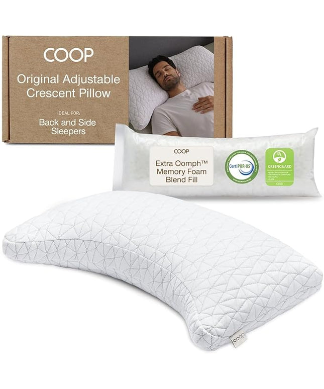 Coop Home Goods Original Crescent Adjustable Pillow, King Bed Pillows for Shoulder, Neck & Head Support, Crescent Foam Pillows - Medium Firm for Back & Side Sleeper, CertiPUR-US/GREENGUARD Gold
