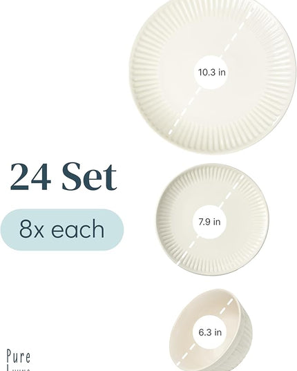 Stoneware Dinnerware Set for 8 People HYGGE 24-Piece - Elegant Scandi Design - Premium Dish Set - Bowl and Plate Set - Tableware for 8 People in a Ribbed Design - Pure Living in Beige