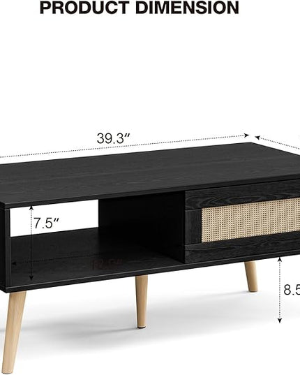 Wood Coffee Table with Storage, Boho Dining Table with Sliding Rattan Door Panel and Solid Wood Legs, Small Coffee Tables for Living Room, Black