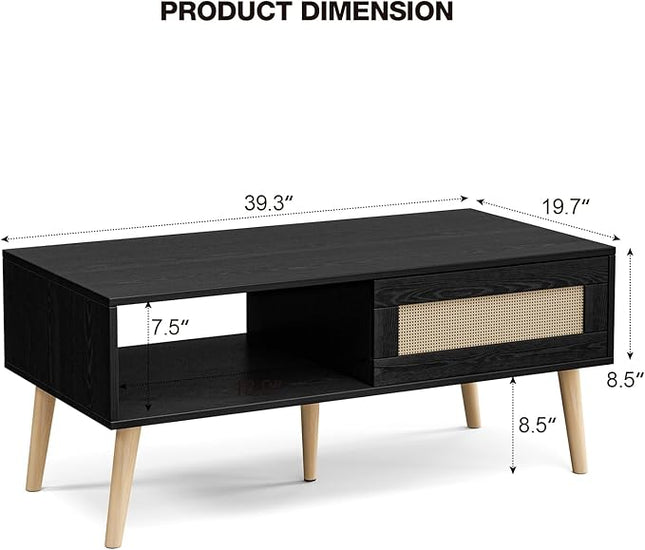 Wood Coffee Table with Storage, Boho Dining Table with Sliding Rattan Door Panel and Solid Wood Legs, Small Coffee Tables for Living Room, Black