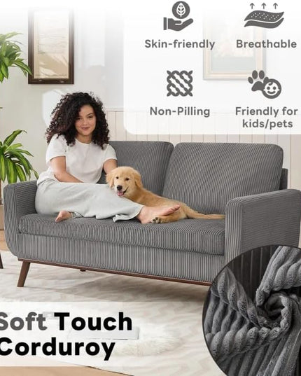 Tbfit Corduroy Couch for Living Room, Mid Century Modern Sofa with Spring Cusions for Bedroom,Comfy Upholstered Couches Easy Assembly with Solid Wood Legs & 2 Pillows (Grey, 65inch)