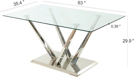 63'' Glass Dining Table for 4 or 6, 0.39" Tempered Glass Tabletop and Silver Stainless Steel Base, Large Dining Room Table for 6, Home Kitchen Table for Dining Room, Modern Dining Table for 6