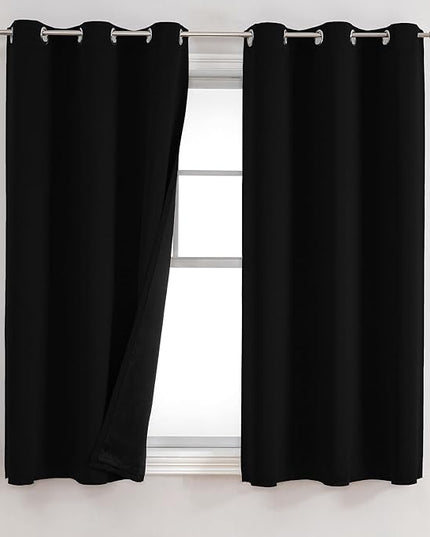 ChrisDowa 100% Blackout Curtains 63 inch Long for Bedroom with Black Liner, 2 Thick Layers Total Blackout Thermal Insulated Grommet Window Curtains 2 Panels Set (Black, 38 x 63 Inch)