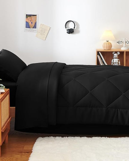 CozyLux Twin XL Comforter Set Black - 5 Pieces Twin Extra Long Bed in a Bag for College Dorm, All Season Bedding Set for Girls and Boys, Soft Bed Set with Comforter, Sheets, Pillowcase & Sham