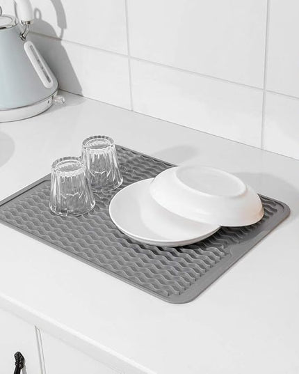 Silicone Dish Drying Mat for Multiple Usage,Easy clean,Eco-friendly,Heat-resistant Silicone Mat for Kitchen Counter or Sink,Refrigerator or drawer liner Grey L 16 inches x 12 inches