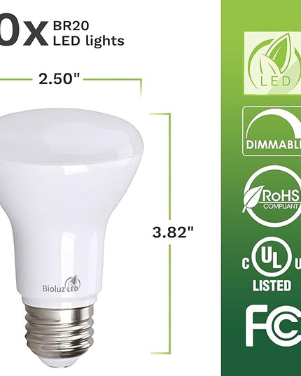 Bioluz LED Light Bulb BR20 Light Bulbs 2700K Bright Warm White LED Bulbs 6W=50W Replacement 90 CRI 540 Lumen Indoor/Outdoor UL Listed CEC Title 20 Compliant Home Decor LED Lights for Bedroom - 10 Pack