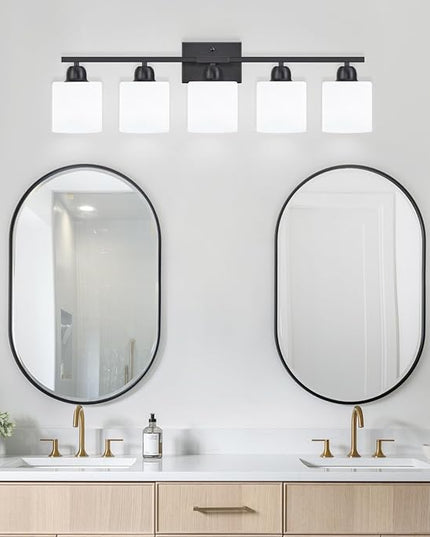 5-Light Black Bathroom Vanity Light, Black Vanity Light with Milky White Frosted Glass Shades, Modern Vanity Light Fixture for Bathroom Mirror, Bedroom, Living Room, Hallway, Vanity Table, E26 Base