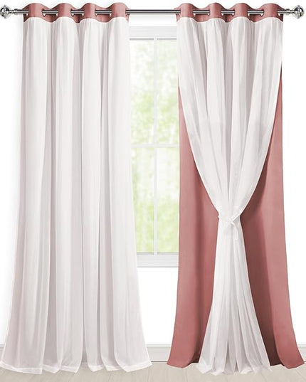 Hiasan Double Layer Blackout Curtains with Sheer Overlay, Extra Long Mix & Match Thermal Insulated Grommet Window Curtains for Bedroom, Living Room, 2 Panels with Tiebacks,Dusty Rose, 52W X 108L