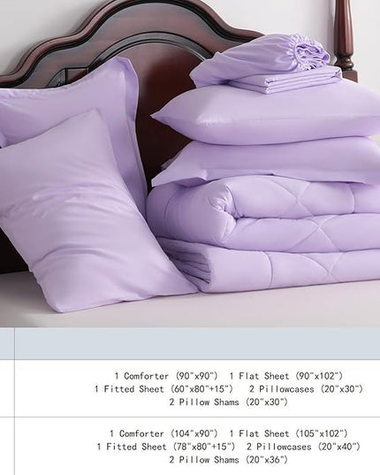 NTBAY Queen Comforter Set with Sheets, 7 Pieces Soft and Breathable Queen Bedding Set, Bed in a Bag, Down Alternative Comforter Set Solid Color All Season, Queen Bedding Set, Light Purple