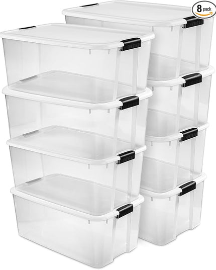 Sterilite 8-Pack Ultra Latching Box, Storage Bins with Lids, Clear Plastic, 116 Quart - Heavy-Duty Organizing Containers for Closet, Bathroom, and Office