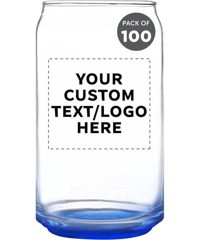 Custom Beer Can Glasses Set of 100, 16 oz. Pint Sized, Promotional Text, Logo, Soda Can Shape, Glassware, Blue