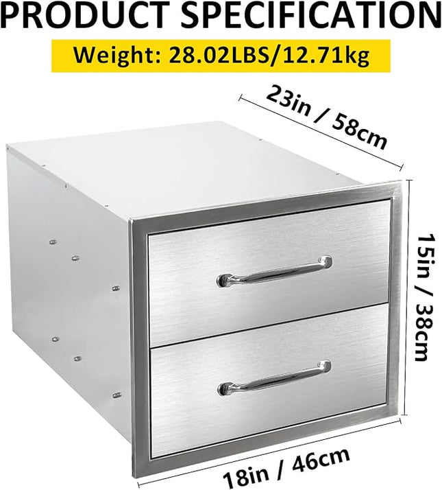 Outdoor Kitchen Drawers 18" W x 15" H x 23" D Flush Mount Double layer BBQ Drawers with Chrome Handle,Stainless Steel Built-in 2-Drawer for Outdoor Kitchen Island, Patio Grill Station