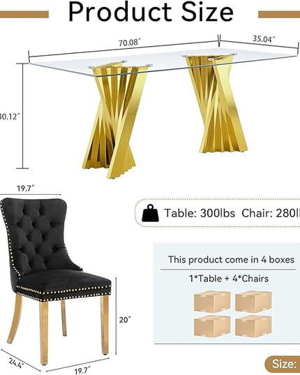 5 Piece Glass Dining Table Set,70" Dinner Room Glass Table Set for 4,Modern Kitchen Dinner Table Set with Stainless Steel Base and 4 Upholstered Velvet Dining Chairs for Living Dining Room