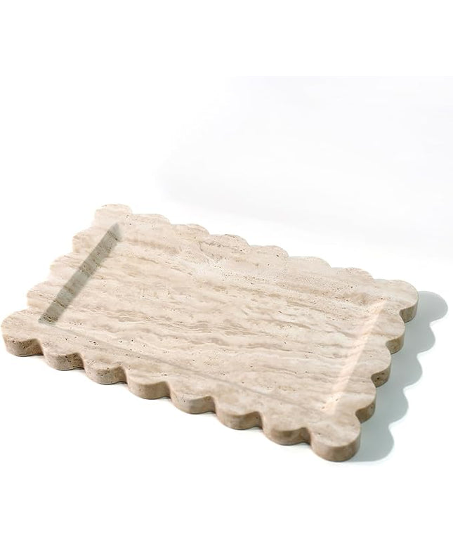 Natural 100% Marble Vanity Tray Luxury Scalloped Marble Storage Square Rectangle Tray for Home Decor Stone Tray for Bathroom/Kitchen/Candle Key (Rectangle-11.8 * 7.4-Beige Travertine)