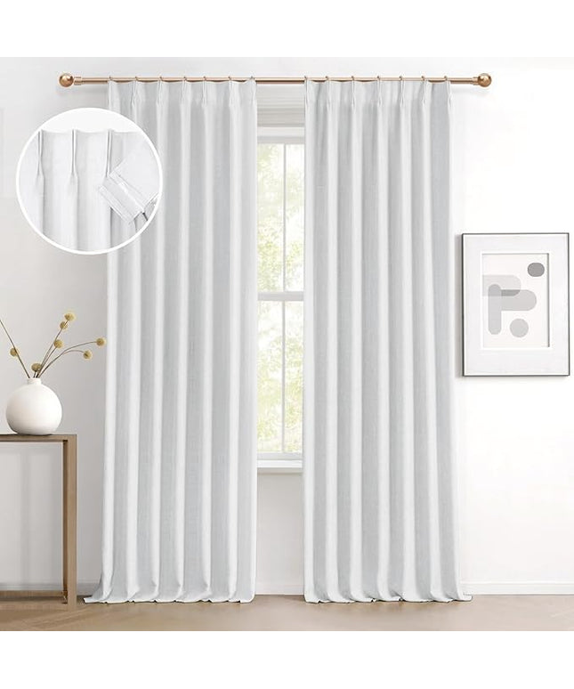 IVAPUPU Linen Pinch Pleated Full Blackout Curtains for Bedroom - 2 Pages Black Out White Curtains 108 Inch Long 2 Panel for Living Room Darkening Thermal Window Curtain Drapes with 16pc Hooks