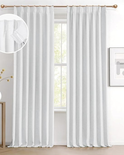 IVAPUPU Linen Pinch Pleated Full Blackout Curtains for Bedroom - Black Out White Curtains 95 Inch Long 2 Panel for Living Room Darkening Thermal 2 Pages Window Curtain Drapes with 16pc Hooks