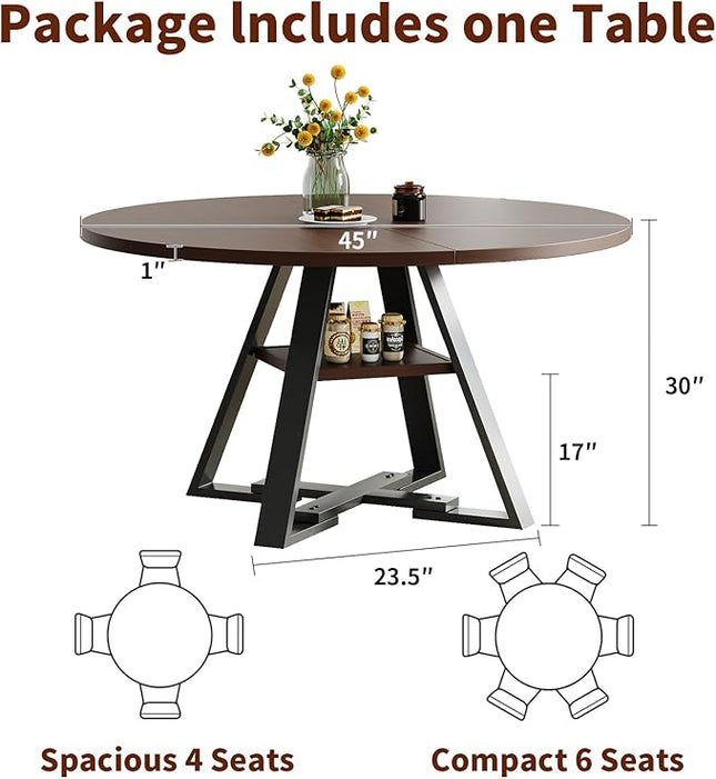Walnut Round Dining Table Set for 4, Mid-Century Modern Kitchen Table and Chairs, Small Space Dining Room Furniture for Apartment, Breakfast Nook or Studio (Walnut Wood-1 Storage Table)
