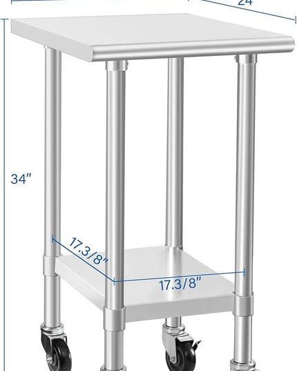 HARDURA Stainless Steel Commercial Table Prep & Work Table with Casters Heavy Duty Metal Table with Wheels NSF 430 24×24 Inches