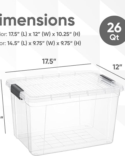 Superio Clear Storage Boxes with Lids, 26 Quart Plastic Container Bins for Organizing, Stackable Crates, BPA Free, Non Toxic, Odor Free, Organizers for Home, Office and Dorm, 6 Pack