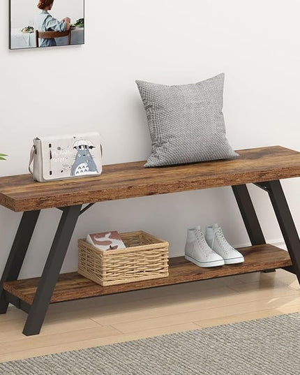 LVB Wood Bench, Industrial Storage Entryway Indoor Bench for Bedroom Hallway Living Room, Rustic Famhouse Wooden Metal Shoe Rack Accent Foyer Bench Seat for Entrance Sitting, Rustic Brown, 47 in Long