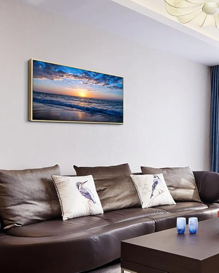 Natural Wood Framed Canvas Wall Art For Living Room Large Size Wall Decor For Office Bedroom Decorations Blue Sea Beach Pictures Artwork Sunny Ocean Wall Painting Home Decor 20" X 40"