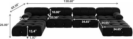 JACH 138" Modular Sectional Couch, U-Shaped Minimalist Velvet Sofas with Chaise Ottomans, Convertible Modern Deep 6-Seat Sofas Furniture for Living Room, Apartment (Black)