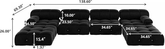 JACH 138" Modular Sectional Couch, U-Shaped Minimalist Velvet Sofas with Chaise Ottomans, Convertible Modern Deep 6-Seat Sofas Furniture for Living Room, Apartment (Black)
