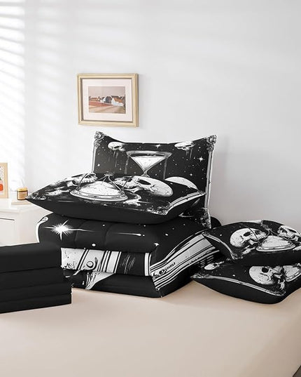 Feelyou Death Moth Comforter Set King Size 7 Pieces Comforters Gothic Skull Skeleton Bedding Set Sand Clock Bed Set Bed in a Bag with Comforter, Sheets, Pillowcases & Cushion Covers