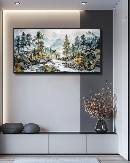 PHAOHUAXM Large Wall Art For Bedroom Wall Decor For Living Room Office Home Decoration Rivulet View Painting Forest Tree Landscape Watercolour Canvas Pictures Ready To Hang Black Framed 20x40 In