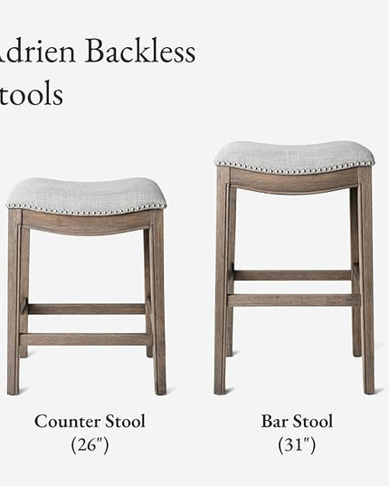 Maven Lane Adrien Backless Bar Stool – Set of 4 – 31 Inch Saddle Seat with Footrest – Grey Solid Wood Frame & Grey Fabric Upholstery – Ideal for Bars, Pub Tables & Tall Kitchen Counters