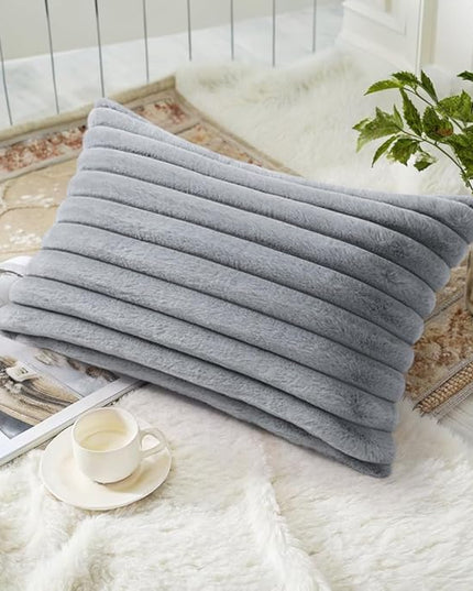 decorUhome Faux Fur Spring Throw Pillow Covers 12x20 Set of 2, Decorative Soft Plush Striped Lumbar Neutral Couch Euro Pillow Covers with Velvet Back for Sofa, Bed, Living Room Home Decor, Grey