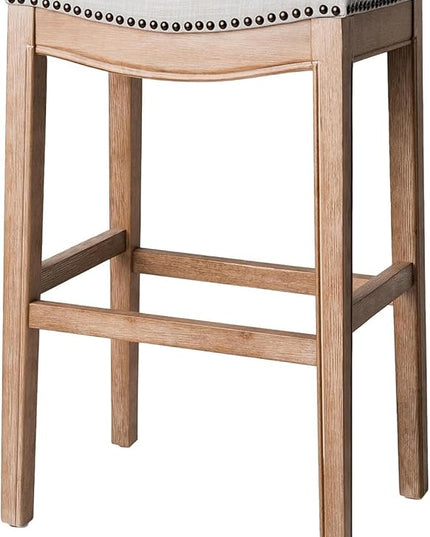 Maven Lane Adrien Backless Bar Stool – 31 Inch Saddle Seat with Footrest – Brown Solid Wood Frame & Natural Fabric Upholstery – Ideal for Bars, Pub Tables & Tall Kitchen Counters