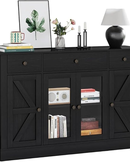 4 EVER WINNER 55" Coffee Bar with 4 Glass Doors and 3 Drawers, Sideboard Buffet Cabinet with Storage, Farmhouse Coffee Bar Cabinet with Adjustable Shelves for Kitchen, Dining Room, Black