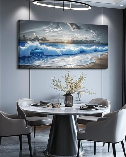 PHAOHUAXM Large Canvas Printed Artworks Mural Wall Decor For Living Room Wall Art For Bedroom Office Decor Black White And Blue Ocean Wave Landscape Painting Modern Home Decor Ready To Hang 30"X60"