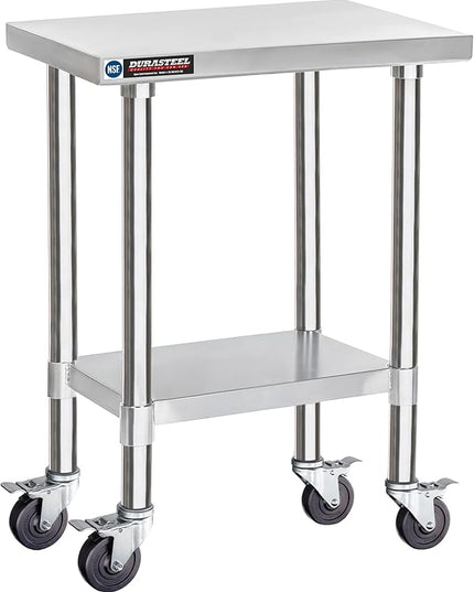 DuraSteel 24x18 NSF Stainless Steel Cart - Heavy Duty Rolling Food Prep Table with Undershelf - Metal Utility Cart for Commercial Restaurant Kitchen, Laundry, Side Mixer Stand