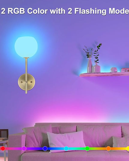 Brass Battery Operated Wall Sconces Set of 2, Rechargeable Wireless Wall Lights with Milky White Frosted Glass, 12 RGB and 3CCT Dimmable, Wall Lamps with Remote for Bedroom Living Room Hallway