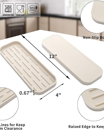 Silicone Kitchen Sink Organizer Tray for Multiple Usage,Eco-Friendly Sponges Holder for Kitchen Bathroom Counter or Sink,Dish Soap Dispenser,Scrubber,Bottle,Cup (Tapioca, 12"×4")