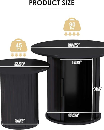 COSVALVE Nesting Coffee Table Set of 2 with Hidden Storage & Sliding Door, Circle Wood Coffee Table, Farmhouse Side & End Table Sets for Living Room, Small Spaces, Black